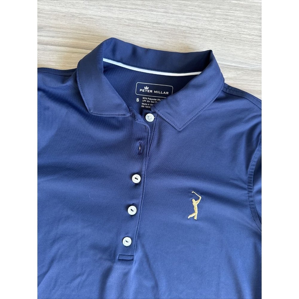 Peter Millar 50+ UPF Polo Shirt Women Size Small‎ Golf Logo Navy Blue Agronomy